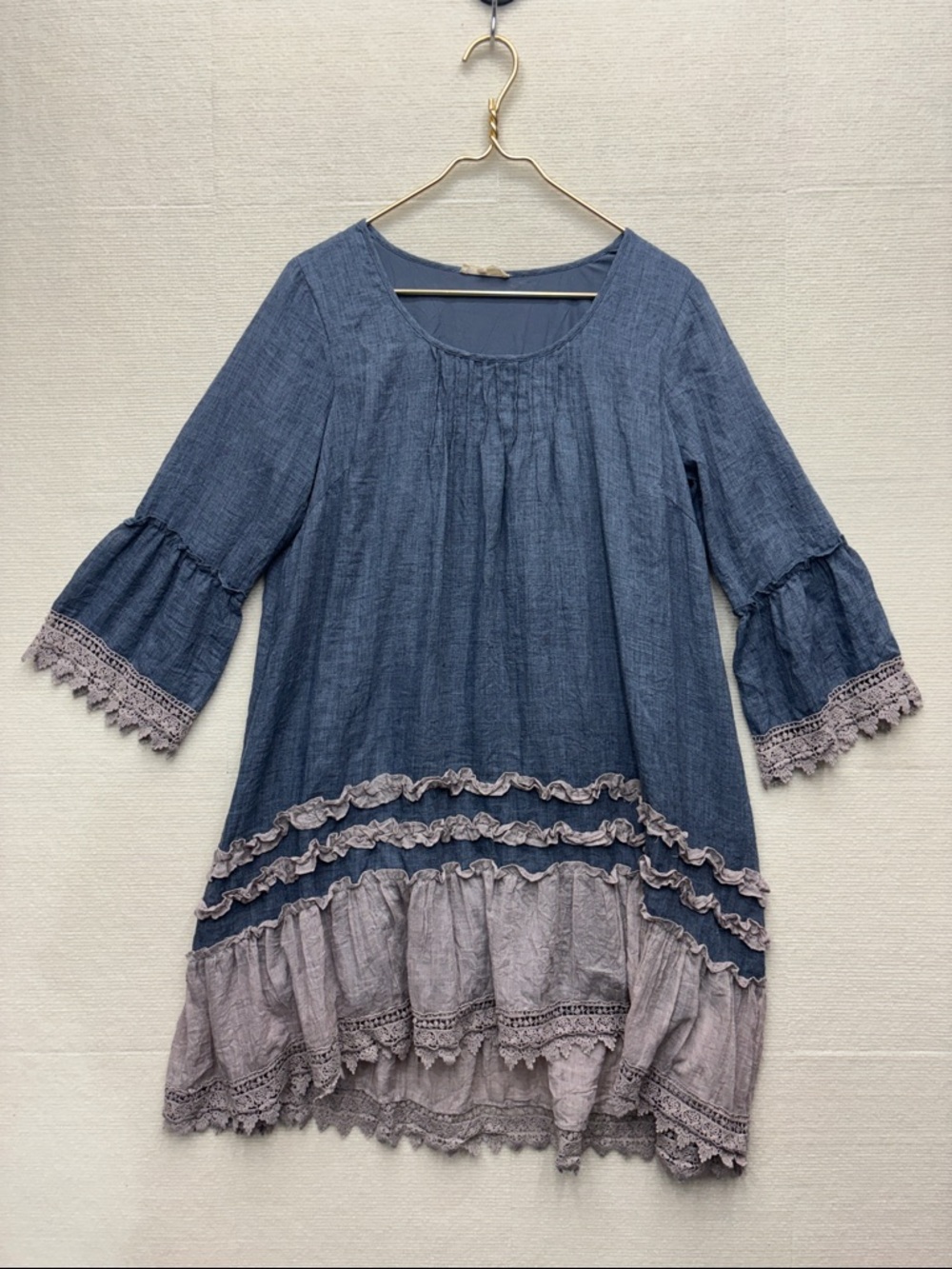 Ryu | large Boho Blue Tunic Dress with Dusty Lavender Ruffle Trim